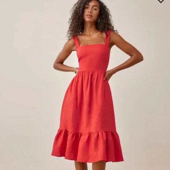 Reformation Manet‎ Linen Midi Dress in Hot Day Red sz 4 - Picture 1 of 4
